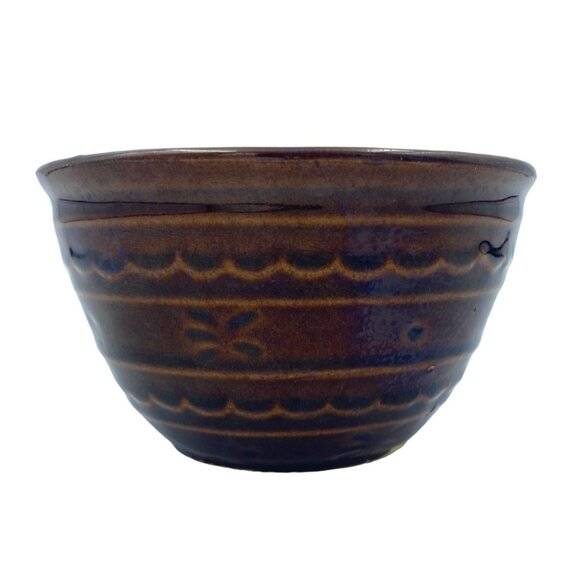 Vintage Brown Ceramic Bowl With Wavy Pattern Stripes Handmade Pottery Rice Tea C - Picture 1 of 6